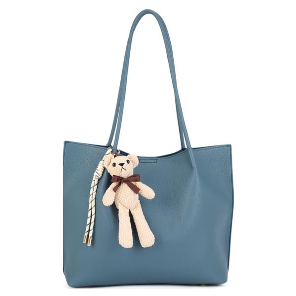 FAUX LEATHER TOTE BAG MINI CROSSBODY BAG SET WITH TEDDY BEAR BAG CHARM