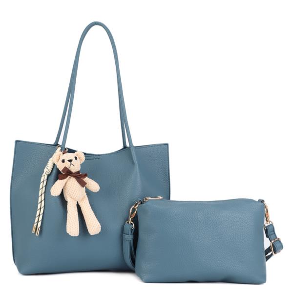 FAUX LEATHER TOTE BAG MINI CROSSBODY BAG SET WITH TEDDY BEAR BAG CHARM