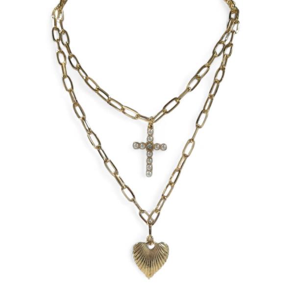 CROSS HEART PENDANT LAYERED CHAIN NECKLACE