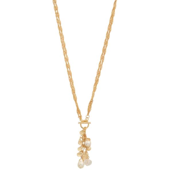 SODAJO PEARL BEAD DAINTY SEASHELL CHARM LAYERED TOGGLE CLASP NECKLACE