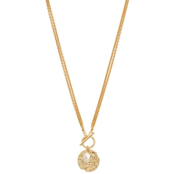 SODAJO HAMMERED METAL ROUND PENDANT PEARL BEAD TOGGLE CLASP GOLD DIPPED NECKLACE