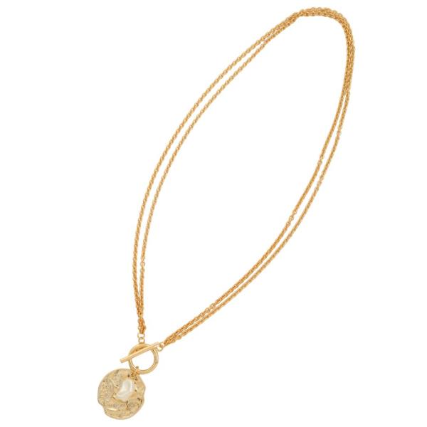 SODAJO HAMMERED METAL ROUND PENDANT PEARL BEAD TOGGLE CLASP GOLD DIPPED NECKLACE