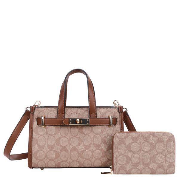 MONOGRAM PATTERN SATCHEL BAG WITH CROSSBODY STRAP