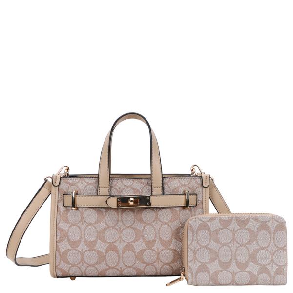 MONOGRAM PATTERN SATCHEL BAG WITH CROSSBODY STRAP