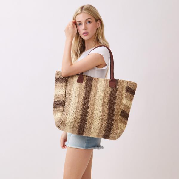 NATURAL BROWN MULTI COLOR STRIPE STRAW TOTE BAG