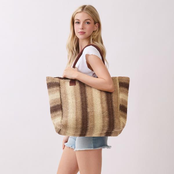NATURAL BROWN MULTI COLOR STRIPE STRAW TOTE BAG