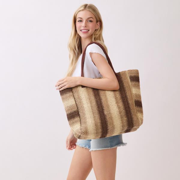 NATURAL BROWN MULTI COLOR STRIPE STRAW TOTE BAG