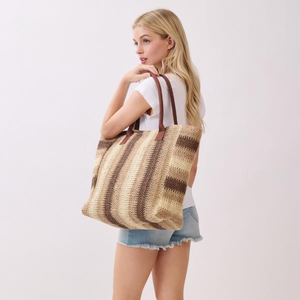 NATURAL BROWN MULTI COLOR STRIPE STRAW TOTE BAG