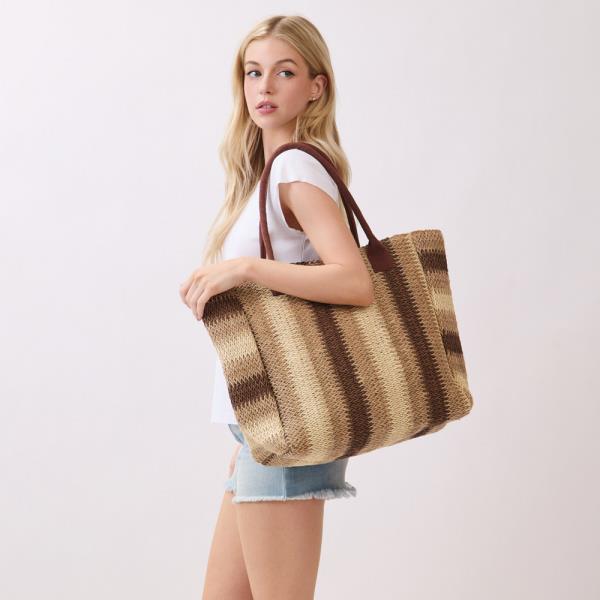 NATURAL BROWN MULTI COLOR STRIPE STRAW TOTE BAG