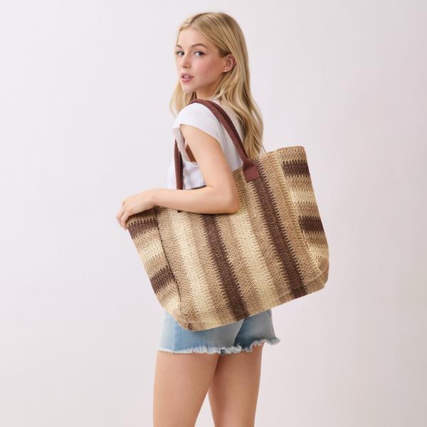 NATURAL BROWN MULTI COLOR STRIPE STRAW TOTE BAG