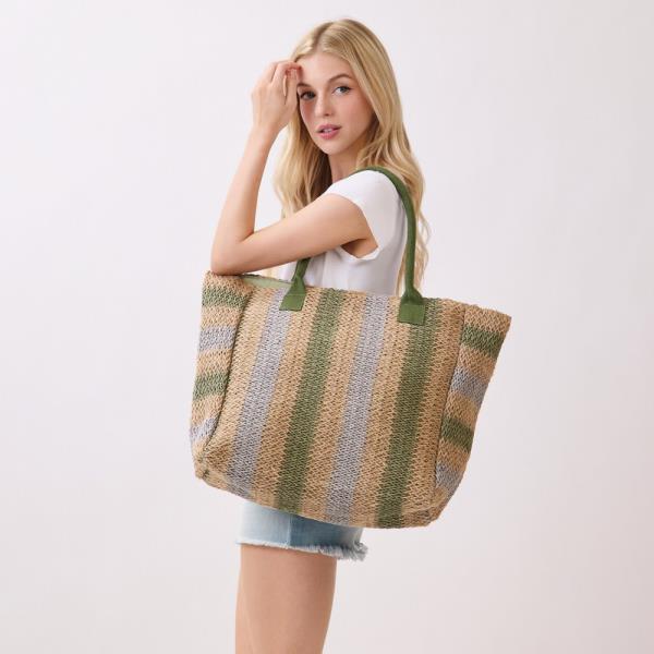 NATURAL BROWN MULTI COLOR STRIPE STRAW TOTE BAG