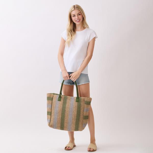 NATURAL BROWN MULTI COLOR STRIPE STRAW TOTE BAG