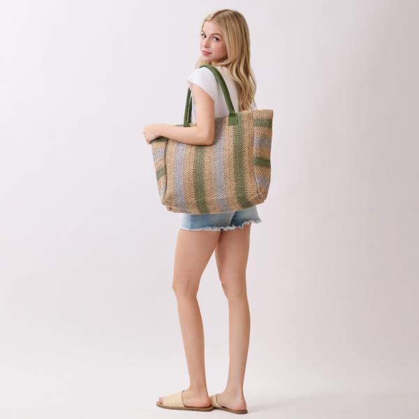 NATURAL BROWN MULTI COLOR STRIPE STRAW TOTE BAG