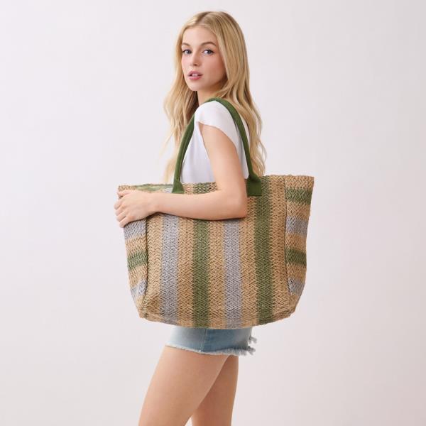 NATURAL BROWN MULTI COLOR STRIPE STRAW TOTE BAG
