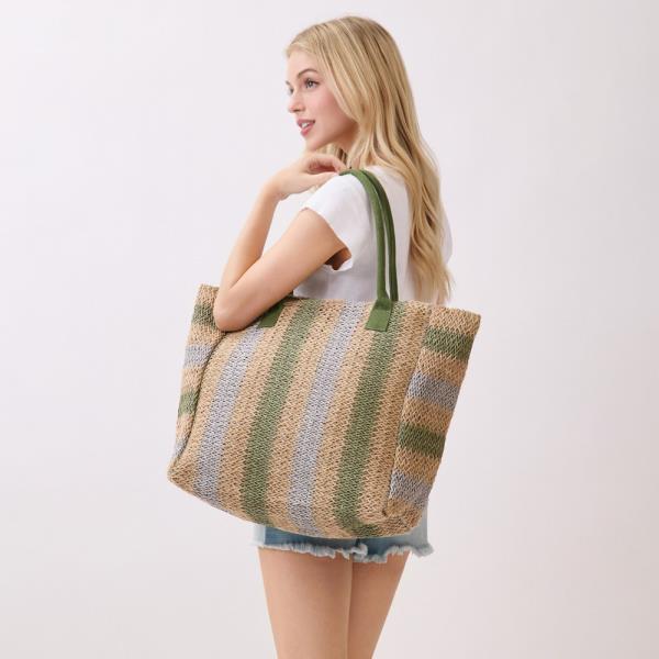 NATURAL BROWN MULTI COLOR STRIPE STRAW TOTE BAG