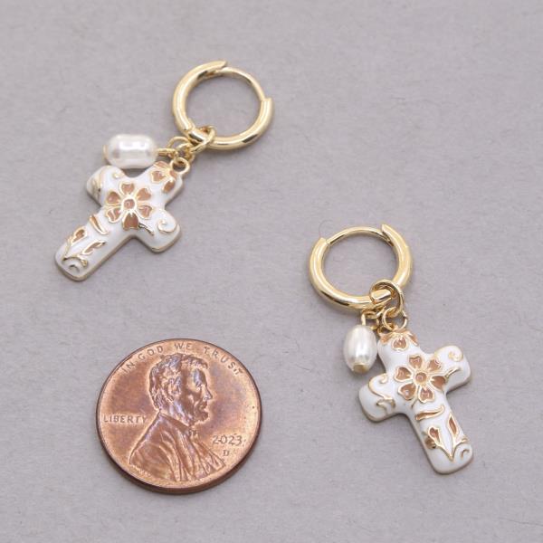 FILIGREE PATTERN CROSS HUGGIE HOOP EARRING