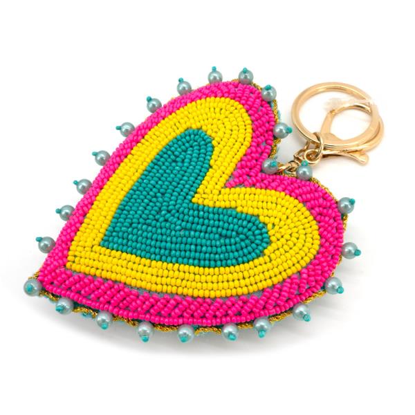 SEED BEAD DOUBLE HEART PADDED BAG CHARM KEYCHAIN