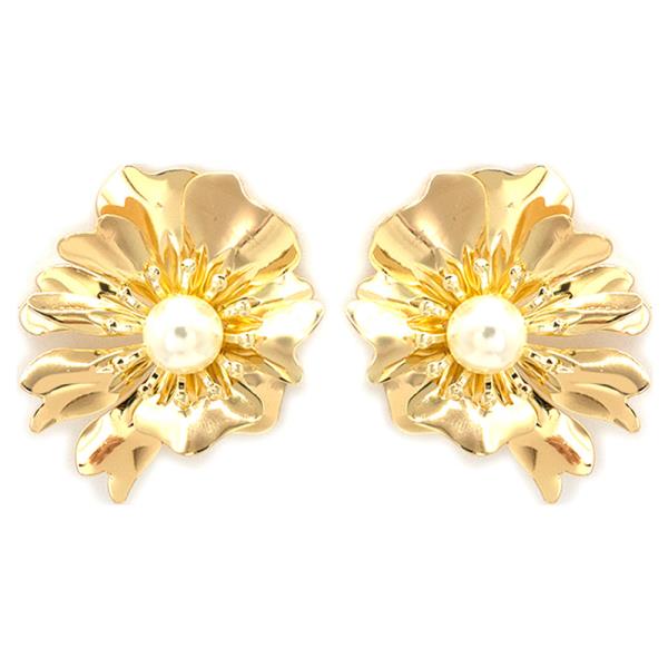 TEXTURED METAL FLOWER PEARL CENTER STUD EARRING