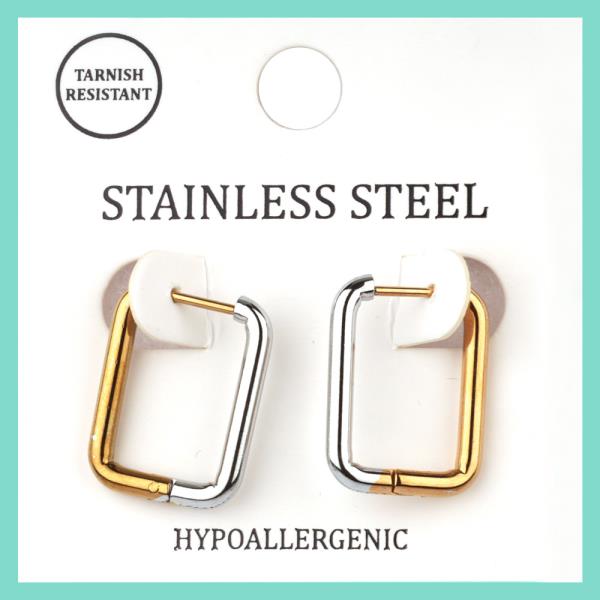 METAL TWO TONE STAINLESS STEEL HOOP HUGGIE SQUARE EARRING