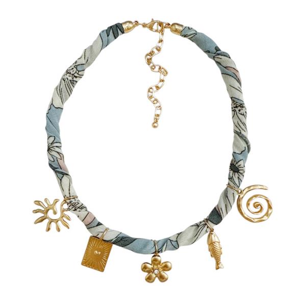 FABRIC WRAP FLOWER SPIRAL METAL MULTI CHARM NECKLACE