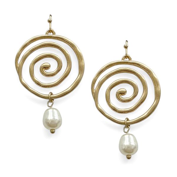 METAL SPIRAL PEARL DROP DANGLE EARRING