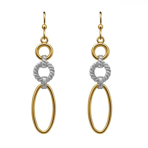 TWO TONE METAL DOUBLE RING DROP DANGLE EARRING