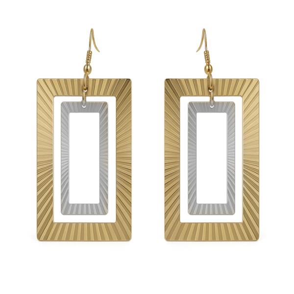 TWO TONE METAL RECTANGLE FRAME DANGLE EARRING