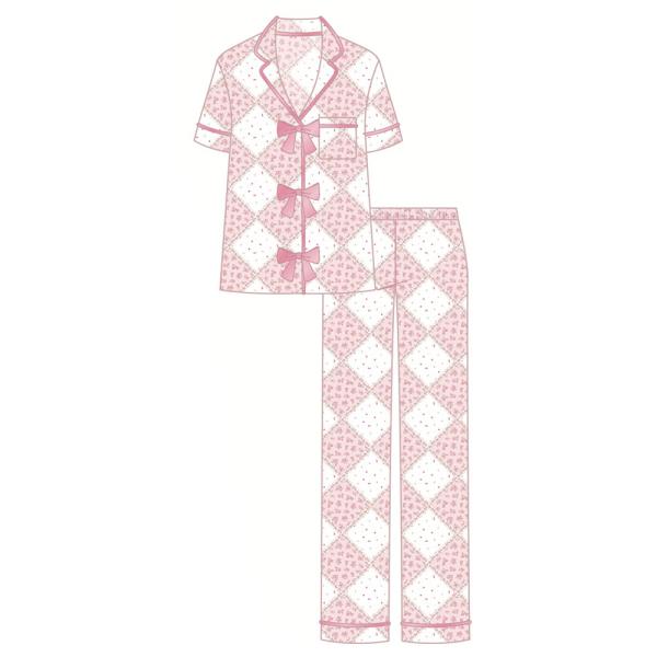 SHORTSLEEVE NOTCH COLLAR W/ SATIN BOWS PANT SET