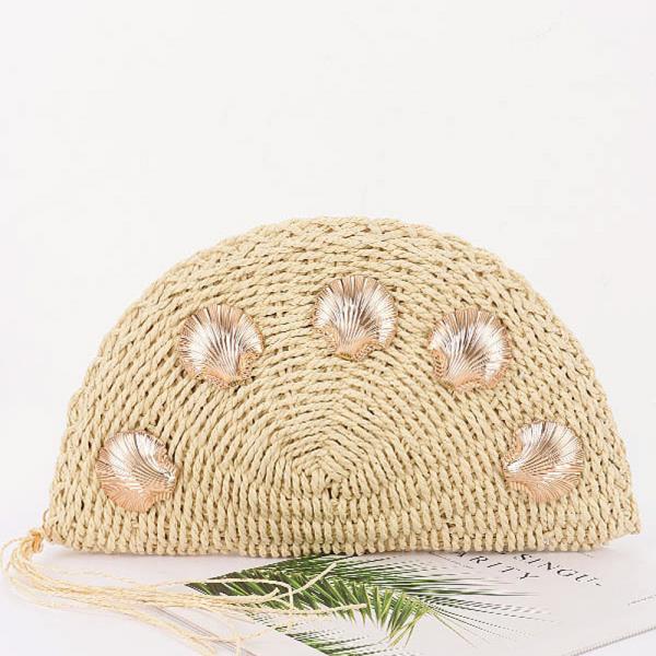 FAUX STRAW HALF-MOON CLUTCH WITH SHELL EMBELLISHMENTS