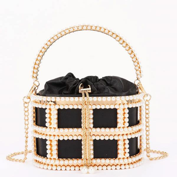 PEARL EMBELLISHED CAGE BUCKET BAG