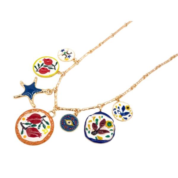 METAL CERAMIC ROUND FLOWER PICTURE MULTI CHARM NECKLACE