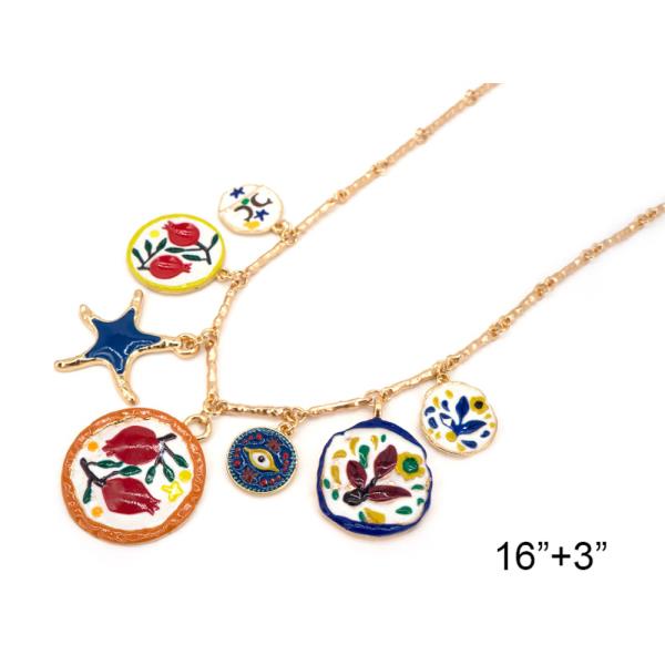 METAL CERAMIC ROUND FLOWER PICTURE MULTI CHARM NECKLACE