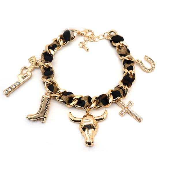 WESTERN CROSS COW SKULL METAL MULTI CHARM CHAIN BRACELET