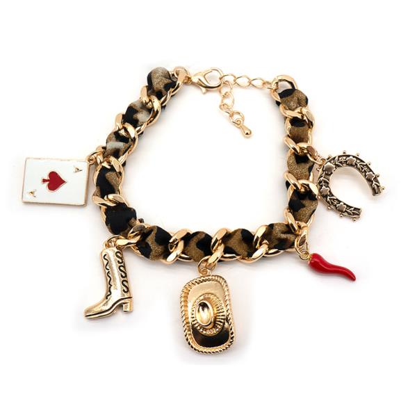WESTERN CARD BOOTS HAT METAL MULTI CHARM CHAIN BRACELET