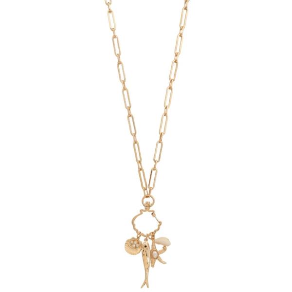 FISH SEALIFE MULTI CHARM OVAL LINK METAL NECKLACE