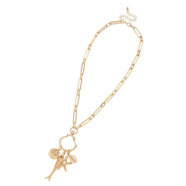 FISH SEALIFE MULTI CHARM OVAL LINK METAL NECKLACE