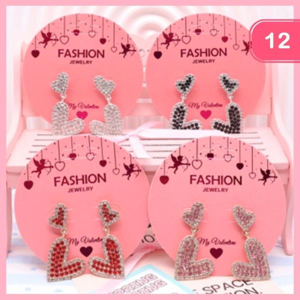 RHINESTONE VALENTINES DAY HEART DANGLE EARRINGS (12 UNITS)