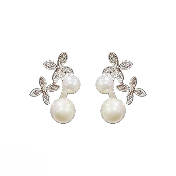 RHINESTONE CUBIC ZIRCONIA PEARL FLOWER FOUR LEAF EARRING