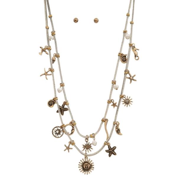 SUN STAR MULTI CHARM PEARL BEAD LAYERED NECKLACE