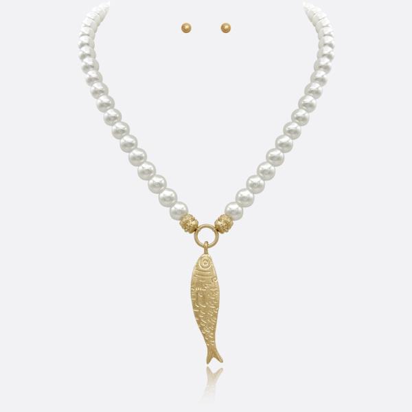 FISH PENDANT PEARL NECKLACE EARRING SET