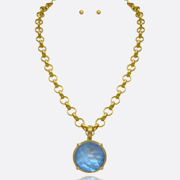 ROUND STONE PENDANT CHAIN NECKLACE EARRING SET