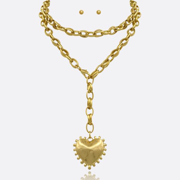 HEART LOCKET PENDANT LAYERED CHAIN Y NECKLACE EARRING SET