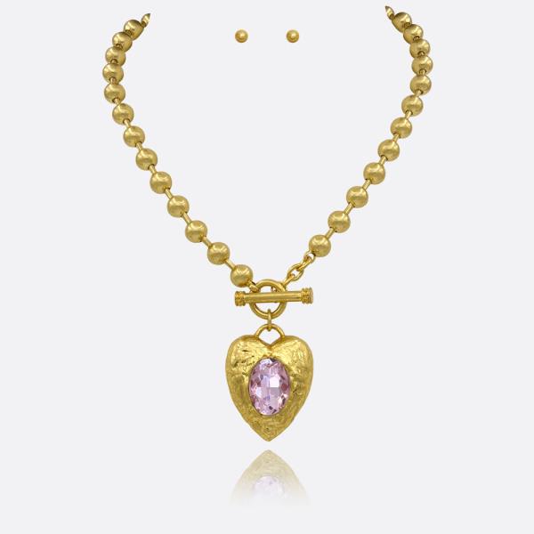 HEART STONE PENDANT CHAIN NECKLACE EARRING SET