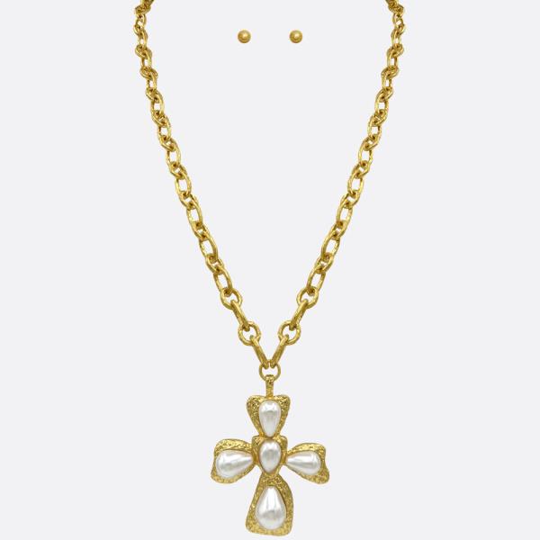 PEARL CROSS PENDANT CHAIN NECKLACE EARRING SET