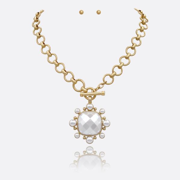 ROUND PEARL HALO PENDANT CHAIN NECKLACE EARRING SET