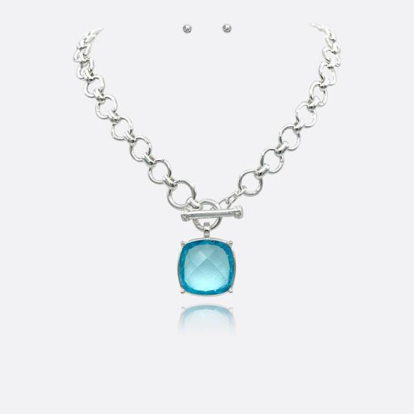 SQUARE STONE PENDANT CHAIN NECKLACE EARRING SET