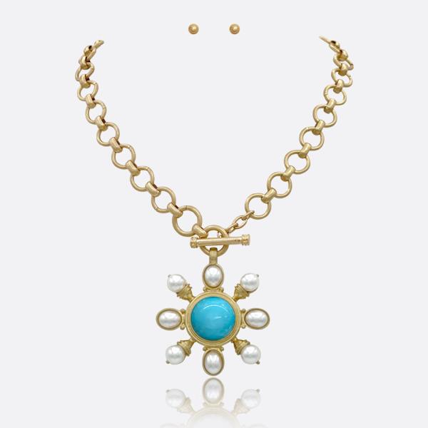 PEARL TQ STONE PENDANT CHAIN NECKLACE EARRING SET