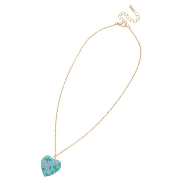 FLOWER PATTERN HEART CHARM LOCKET NECKLACE