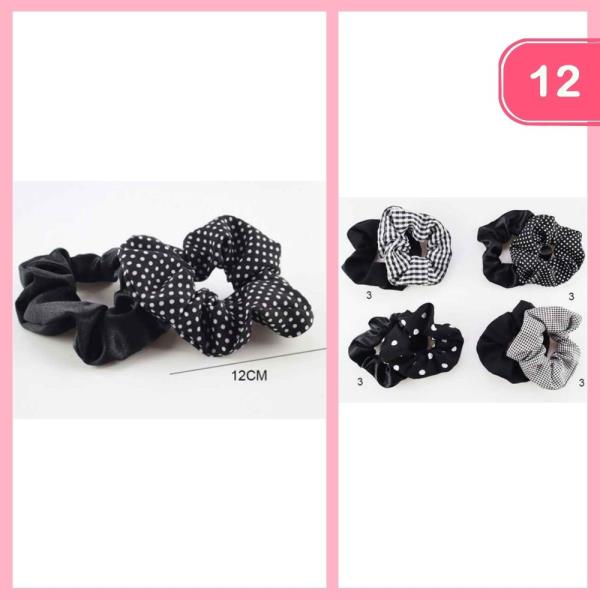 POLKA DOT CHECKERED SOLID COLOR HAIR SCRUNCHIE (12 UNITS)