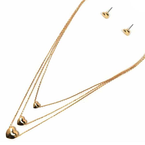 HEART PENDANT LAYERED CHAIN NECKLACE EARRING SET